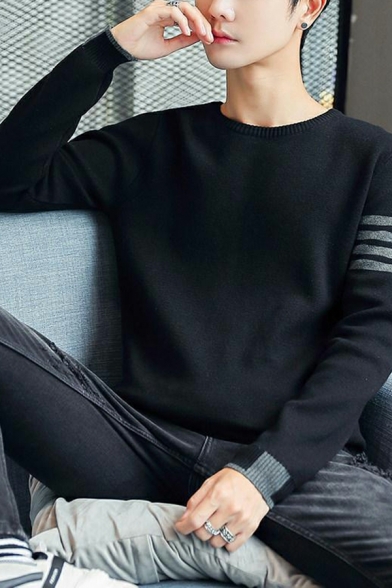 Basic Guy's Sweater Contrast Stripe Rib Hem Round Neck Long Sleeves Pullover Sweater