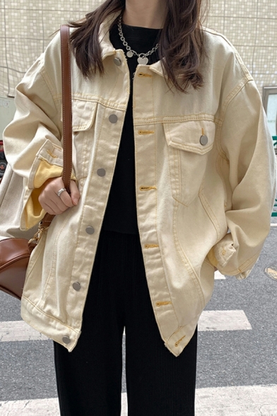 Casual Women Jacket Pure Color Chest Pocket Long-Sleeved Spread Collar Button-up Jacket