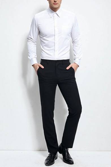 Chic Shirt Solid Color Point Collar Skinny Long Sleeves Button Placket Shirt for Guys