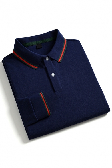 Classic Guys Polo Shirt Contrast Line Button Detailed Long-sleeved Point Collar Polo Shirt