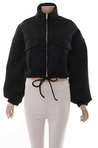 Dashing Women Jacket Solid Pocket Designed Long Sleeve Regular Stand Collar Zipper Jacket
