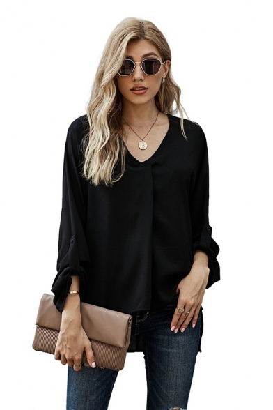 Edgy Women Shirt Solid Slit Detail V-neck 3/4 Length Sleeve Regular Batwing Shirt