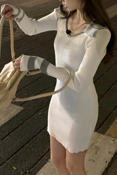 Ladies Fashion Dress Contrast Color V-neck Long Sleeve Skinny Mini Sheath Dress
