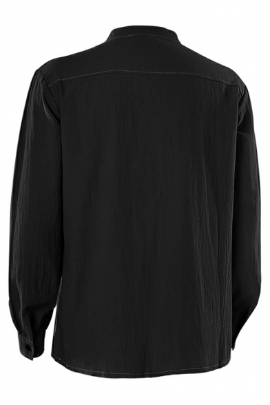 Mens Retro Shirt Pure Color Stand Collar Regular Fitted Long Sleeve Drawstring Shirt