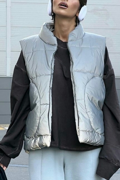 Women Novelty Vest Solid Color Pocket Stand Collar Sleeveless Regular Zip down Vest