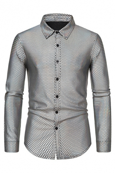 Fashionable Men Shirt Honeycomb Print Point Collar Slimming Long Sleeve Button Fly Shirt