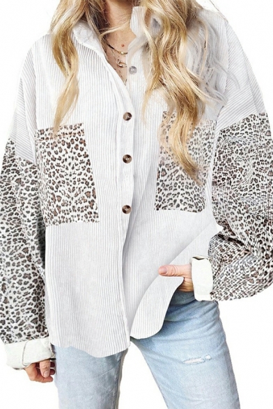 Girls Pop Shirt Leopard Printed Turn-down Collar Pocket Baggy Long Sleeve Button Up Shirt