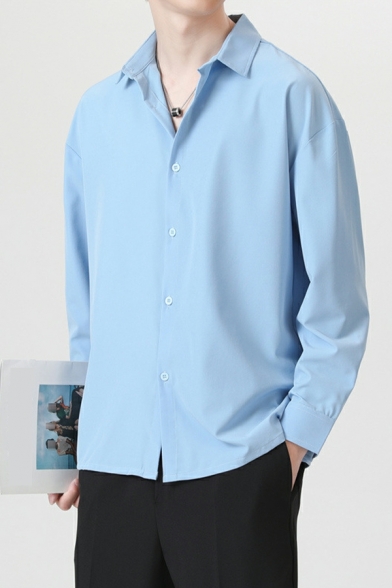 Men Trendy Shirt Pure Color Button Closure Turn-down Collar Long Sleeves Fitted Shirt