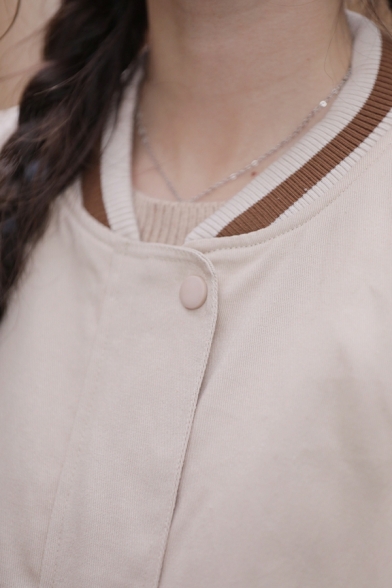 Simple Jacket Stripe Print Pocket Long Sleeves Stand Collar Zip Down Jacket for Girls