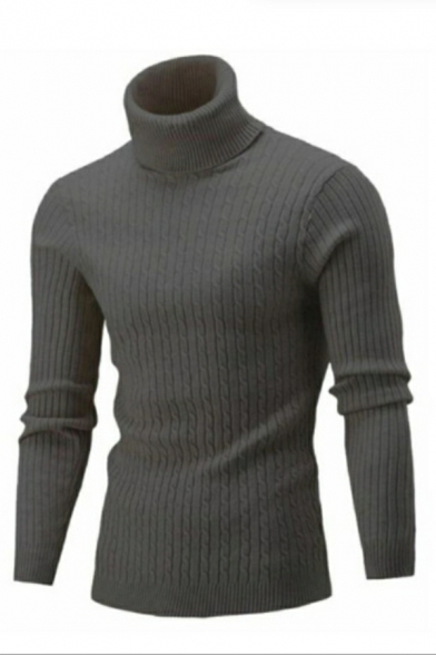 Casual Sweater Solid Color Cable Knit Long-sleeved High Neck Slim Pullover Sweater for Men