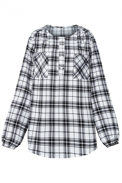Cozy Women Shirt Plaid Printed Round Collar Chest Pocket Long-Sleeved Button Baggy Shirt
