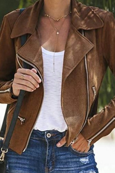Edgy Ladies Jacket Solid Color Pocket Long-sleeved Lapel Collar Regular Zip down Jacket
