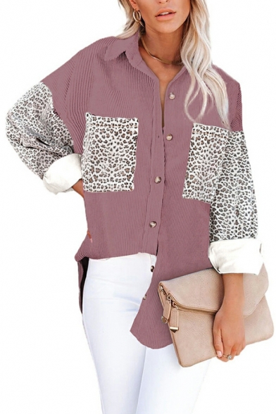 Girls Pop Shirt Leopard Printed Turn-down Collar Pocket Baggy Long Sleeve Button Up Shirt
