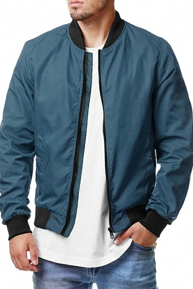 Guy's Leisure Jacket Contrast Color Long Sleeves Slim Fitted Zip Closure Baseball Jacket