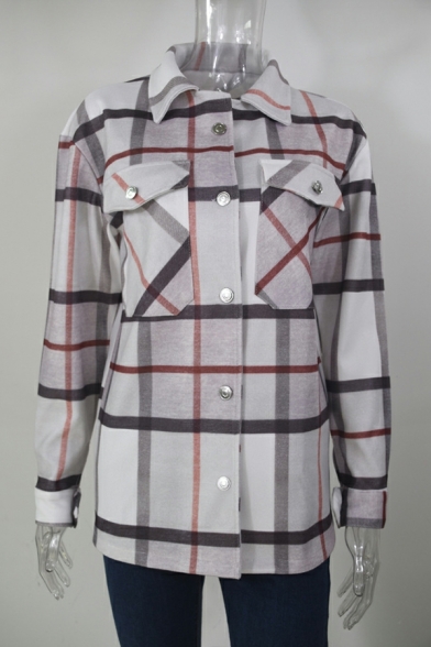 Ladies Dashing Shirt Plaid Pattern Point Collar Fitted Long Sleeve Button Up Shirt