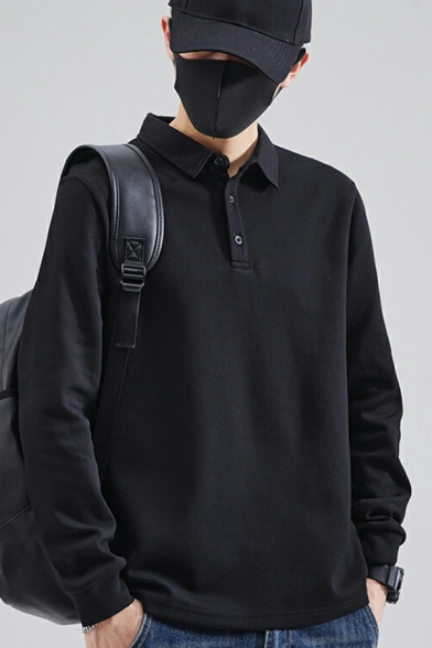 Men Urban Polo Shirt Plain Button Turn-down Collar Fitted Long Sleeves Polo Shirt
