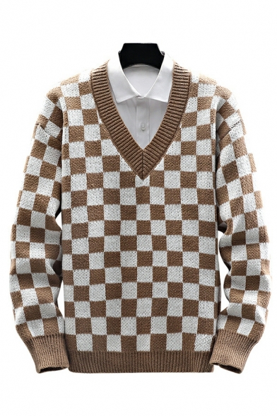 Stylish Knitwear Checked Print Long Sleeve V Neck Relaxed Pullover Knitwear for Boys