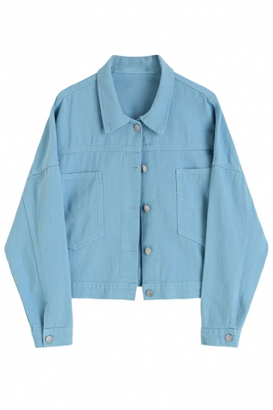 Trendy Women Jacket Plain Point Collar Long Sleeve Button Closure Oversized Denim Jacket