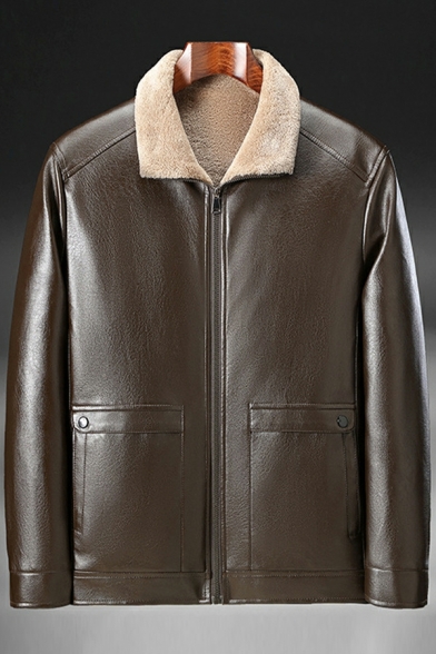 Modern Jacket Pure Color Pocket Front Pocket Spread Collar Fit Leather Fur Jacket for Men