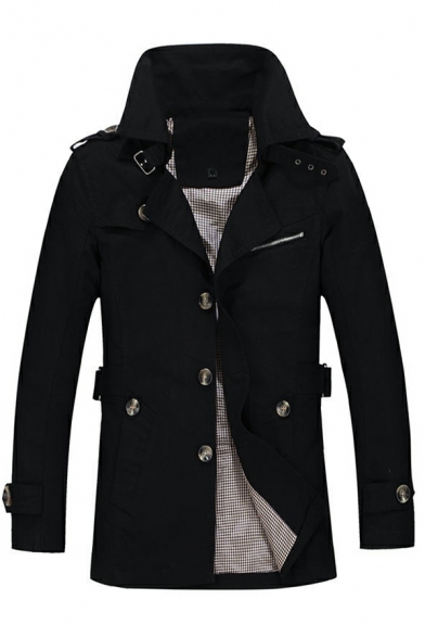Unique Coat Pure Color Lapel Collar Long Sleeve Fitted Single-Breast Trench Coat for Guys