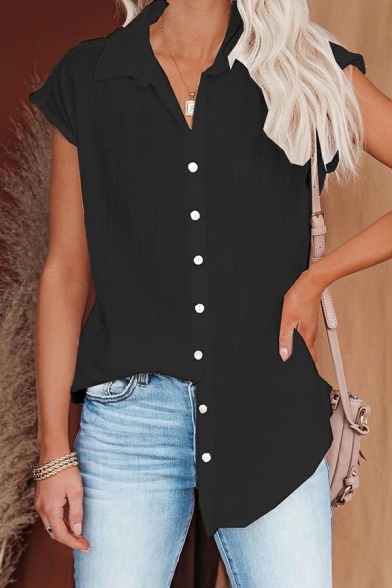 Women Elegant Shirt Plain Cap Sleeve Spread Collar Fitted Button Placket Shirt