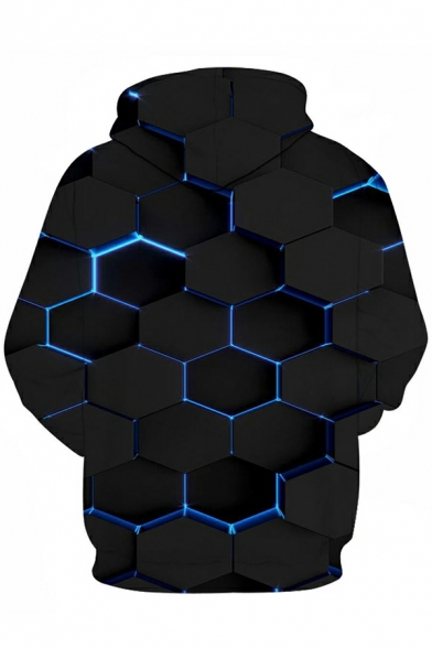 Casual Men's Hoodie 3D Checked Pattern Long Sleeves Loose Fit Drawcord Pocket Hoodie