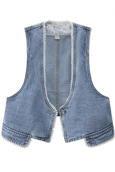 Creative Girls Vest Solid Scoop Neck Single Button Beading Detail Cropped Vest