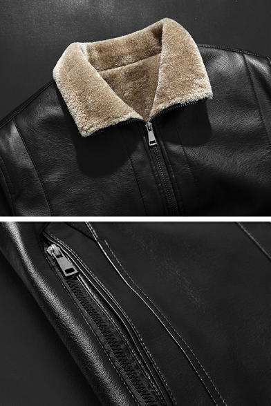 Elegant Guy's Jacket Whole Colored Pocket Spread Fleece Collar Zip Fly Leather Fur Jacket