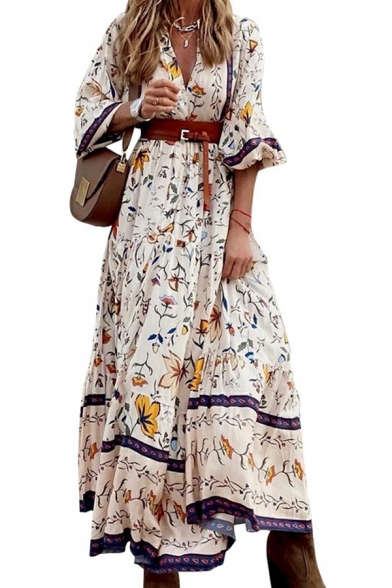 Elegant Womens Dress Bohemia Pattern Sashes Detail V-Neck Half Sleeve Maxi Beach Dress