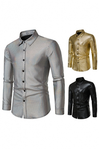Fashionable Men Shirt Honeycomb Print Point Collar Slimming Long Sleeve Button Fly Shirt