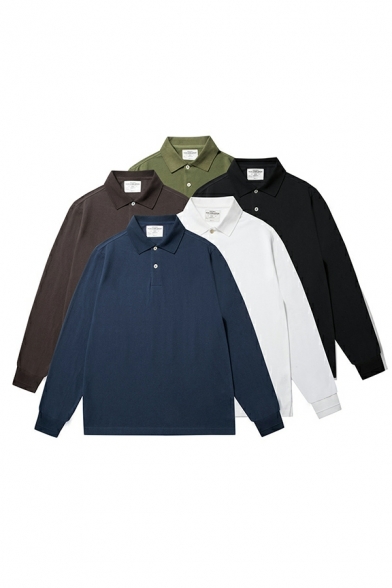 Guys Classic Polo Shirt Solid Color Button Up Point Collar Long-sleeved Baggy Polo Shirt