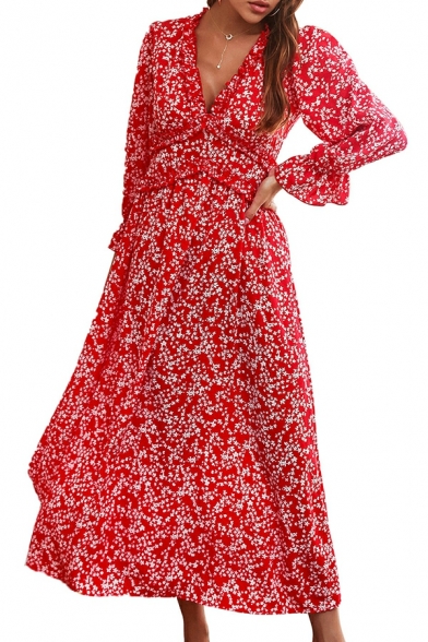 Leisure Womens Dress Floral Printed Ruffles V Neck Long Sleeve Maxi A-Line Dress