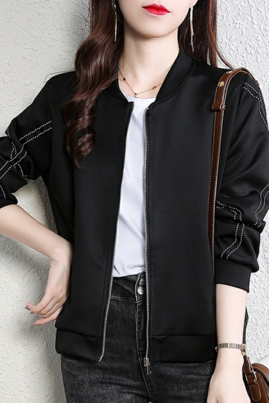 Modern Ladies Jacket Contrast Line Fitted Pocket Long Sleeves Stand Collar Zipper Jacket