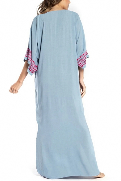 Women Edgy Dress Tribal Pattern Drawstring V-neck 3/4 Length Sleeve Slit Maxi Beach Dress