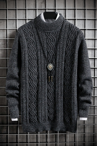 Boys Style Sweater Pure Color Long Sleeves Mock Neck Cable Knit Fitted Pullover Sweater
