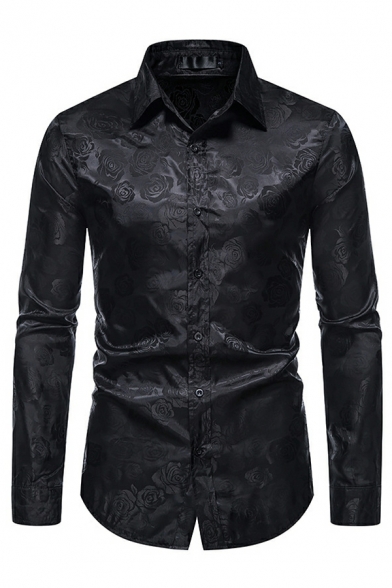 Classic Guy's Shirt Floral Pattern Turn-down Collar Skinny Long-Sleeved Button Down Shirt
