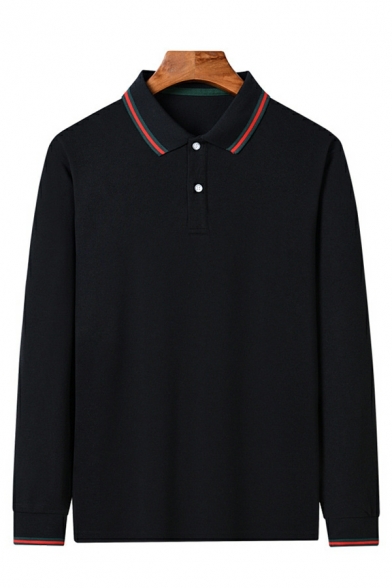 Classic Guys Polo Shirt Contrast Line Button Detailed Long-sleeved Point Collar Polo Shirt