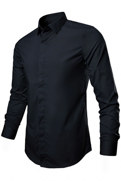 Edgy Shirt Solid Turn-down Collar Slim Curve Hem Long Sleeves Button Down Shirt for Men