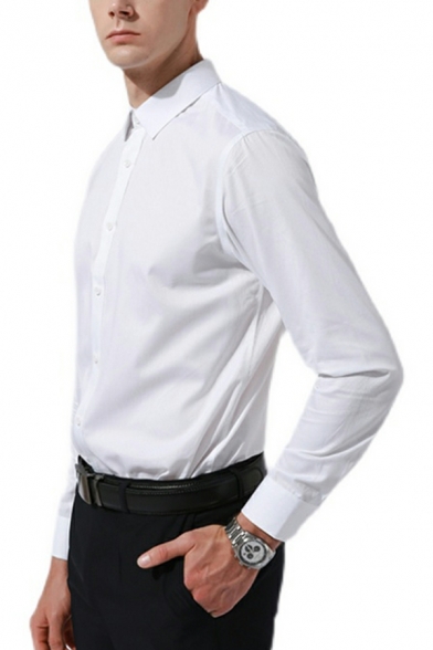 Guys Fancy Shirt Solid Color Point Collar Long-Sleeved Slim Button Front Shirt