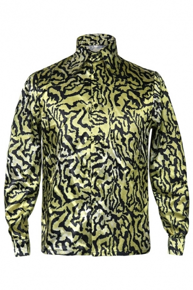 Hot Shirt Leopard Pattern Stand Collar Long Sleeve Regular Fit Button down Shirt for Men