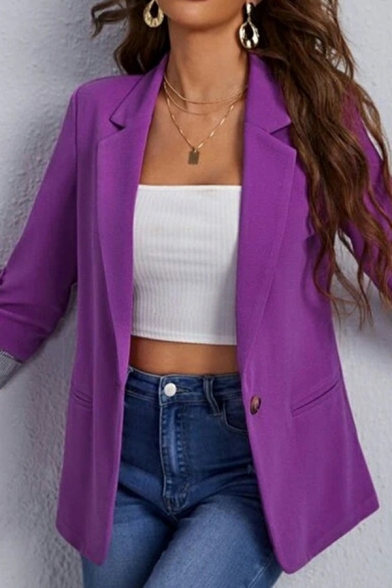 Ladies Street Look Blazer Solid Color Lapel Collar Long Sleeves Single Button Blazer