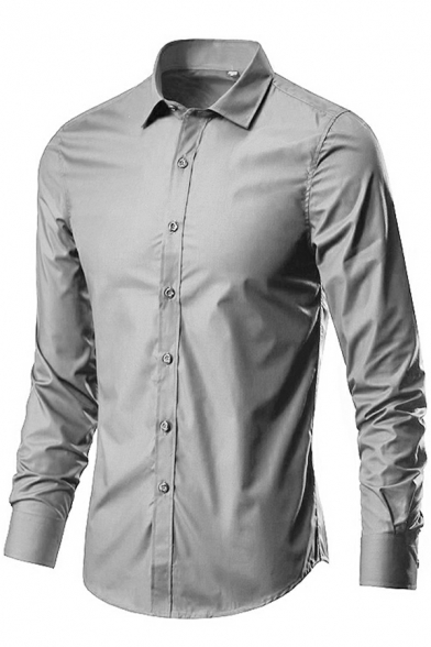 Mens Classic Shirt Whole Colored Turn-down Collar Long-Sleeved Skinny Button Placket Shirt