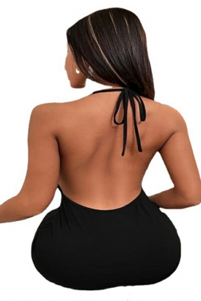 Street Look Dress Whole Colored Halter Backless Sashes Mini Skinny Bodycon Dress for Women