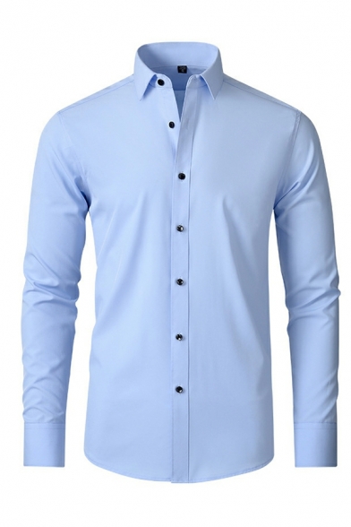 Stylish Guy's Pure Color Shirt Turn-down Collar Long-Sleeved Skinny Button Front Shirt