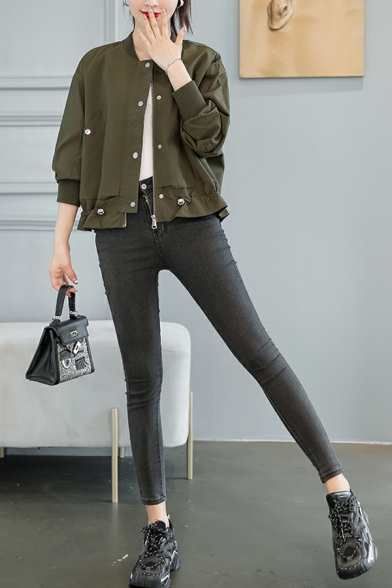 Trendy Women Jacket Solid Color Pocket Long Sleeve Stand Collar Regular Zip Closure Jacket