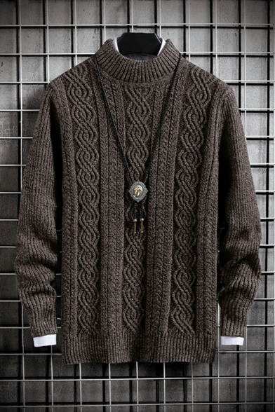 Boys Style Sweater Pure Color Long Sleeves Mock Neck Cable Knit Fitted Pullover Sweater
