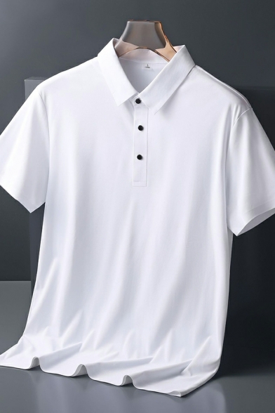 Chic Boy's Polo Shirt Pure Color Short-sleeved Point Collar Relaxed Button up Polo Shirt