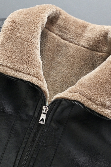 Mens Edgy Jacket Pure Color Pocket Spread Neck Long Sleeve Zip Placket Leather Fur Jacket