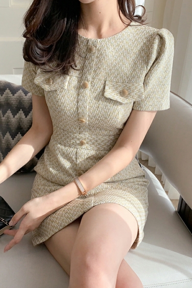 Pop Dress Wavy Print Crew Neck Short-sleeved Chest Pocket Button A-Line Dress for Girls