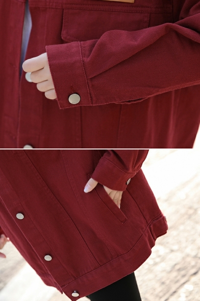 Pop Jacket Pure Color Chest Pocket Long Sleeve Spread Collar Button Fly Jacket for Women